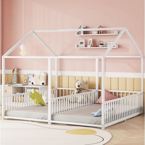 MODFU – Lit superposé enfant 90x200 cm métal – Échelle et garde-corps, forme maison – Charge 120 kg, 2 colis – Chambre – Blanc (1/5)