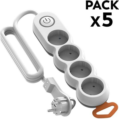 Garza Power -Pack de 5 Regletas de 4 enchufes con interruptor y protección infantil, enchufe plano, cable de 1,4 metros