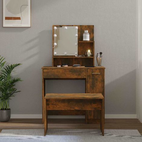vidaXL Juego de tocador con LED madera contrachapada roble ahumado (1/5)