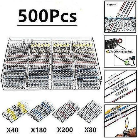 500 cosses électriques à souder avec gaine thermorétractable, connecteurs électriques étanches Maidodo en cuivre, à souder bout à bout, pour applications marines et automobiles. (1/4)