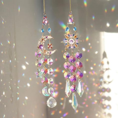 2 Piezas Atrapasueños de Cristal Colgante, Atrapasueños Colgante, Atrapasueños de Luna y Estrellas, Decoración de Ventana Colgante, Prisma Colorido para Ventanas y Jardín, Paredes de Porches, Regalo (1/5)