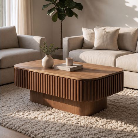 Mesa baja rectangular 98 x 60 x 35 cm con almacenamiento oculto, nogal, HAVRYA (1/5)