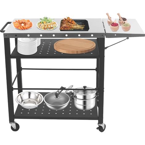 Mobiler Grilltisch Outdoor BBQ Grill Beistelltisch Garten Klappbar Servierwagen Edelstahl Grillwagen, Multifunktioneller Grill Tisch mit Rädern für Terrasse Küche, 80 x 50 x 83cm