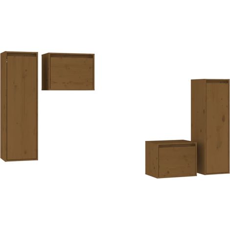 Mueble multimedia para TV, estantería para televisión, buffet, comedor, salón, dormitorio, 4 piezas, madera maciza de pino marrón miel 020028765