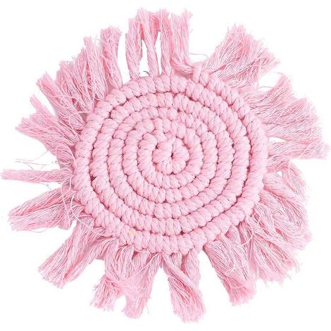 Rundes, handgewebtes, rosafarbenes Platzset aus Rattan, isolierter Kaffeeuntersetzer, rutschfeste Tischdecke, 2-teilig, Möbelschutz, natürlicher Bohème-Stil (1/5)