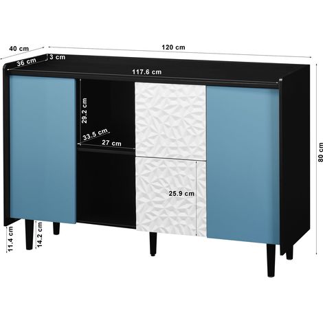 Buffet vaisselier noir avec portes bleues, armoire de rangement, 2 tiroirs à panneau unique, 2 étagères ouvertes, meuble bar à café moderne, meuble d'accent pour cuisine