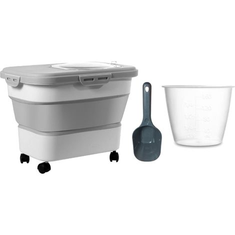 Secchio pieghevole con ruote, cucchiaio dosatore e misurino, contenitore ermetico per conservare farina, riso e cibo per animali domestici (da 2,7 a 9 kg circa). (1/5)