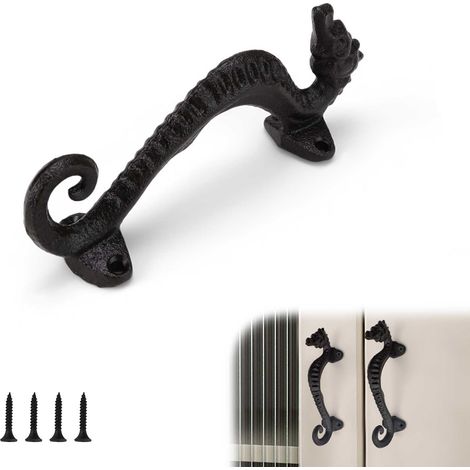 Poignée de Porte Coulissante de Grange en Fonte Noire, Look Vintage, Longueur 170 mm, Poignée de Porte Exterieur de Jardin en Forme d'Hippocampe