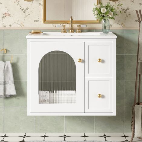 24-Zoll wandmontiertes Badezimmerwaschtisch-Set für kleine Räume, Badezimmerschrank mit Keramikwaschbecken, 2 Schubladen und 1 Soft-Close-Tür (1/5)