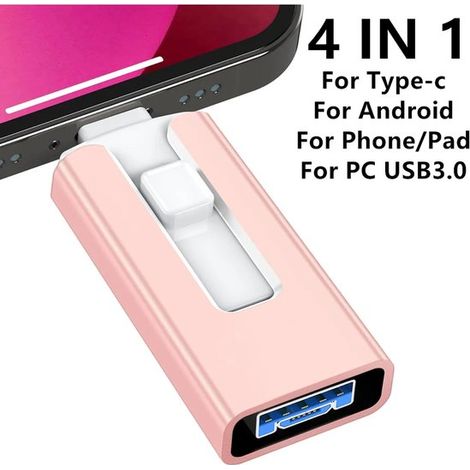 Clé USB 3.0 4-en-1 de 512 Go – Compatible iPhone, iPad, Android et PC – Lightning, USB-C, Micro-USB et USB-A – Stockage externe pour photos, vidéos, sauvegardes et fichiers