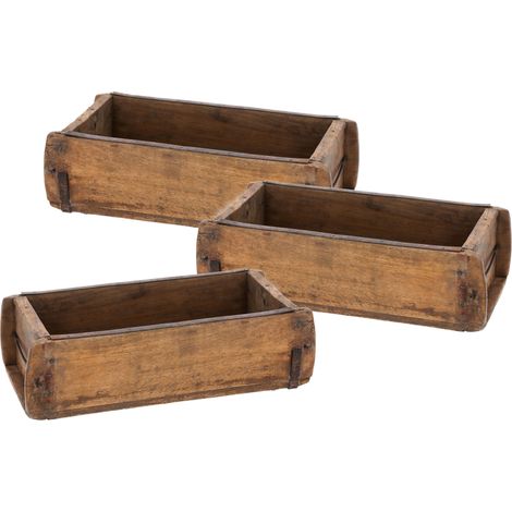 Ziegelform Holzkiste mit Metall Beschlägen 30 x 15 cm - 3er Set - Vintage Deko Kiste aus Altholz - Allzweck Box aus altem recyceltem Holz shabby used look
