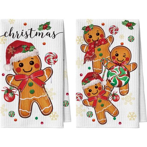 2er-Set weihnachtliche Mikrofaser-Geschirrtücher, 42 x 65 cm, Lebkuchenmann-Motiv, saugfähig für Bar- und Küchendekoration