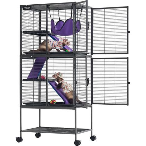 Cage pour Petits Animaux en Métal 138 cm, Cage pour Furets à 4 Niveaux avec Roulettes, pour Furet, Chinchilla, Cochon d'Inde et Lapin, Barreaux Espacés 13,97 mm, Hamac, Rampes, Plateau et Portes (1/5)