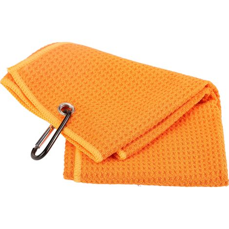 Serviette de golf en microfibre orange, absorption rapide pour le fitness, avec mousqueton et motif gaufré. (1/5)