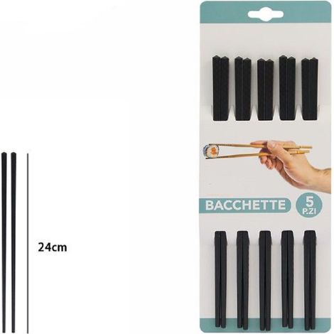 Trade Shop - Set 5 Coppie 10 Bacchette Legno Cinesi Giapponesi Posate Cucina 24 Cm Nere 74193 -