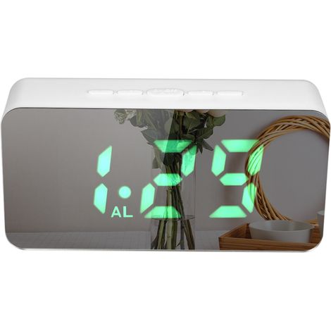 Reloj despertador digital LED RGB con espejo, termómetro de escritorio, brillo ajustable, 3 alarmas, función de repetición y carga USB, blanco. (1/5)