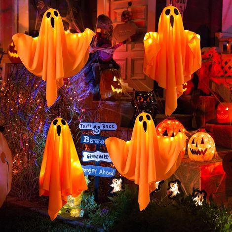 4 Stück Halloween Hängende Gespenster mit LED Lichtern, Dekorationen für Party, Terrassentür, Fenster, Baum, Veranda, Haus, Rasen, Wand (4, Orange) (1/5)