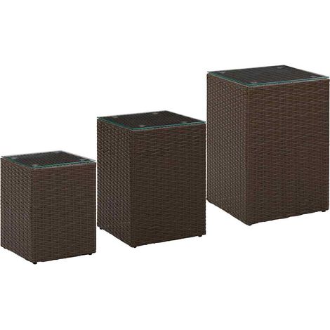 Tables d'appoint 3 pcs-Table basse-Table Salon et dessus en verre Marron Résine tressée 933760 (1/5)