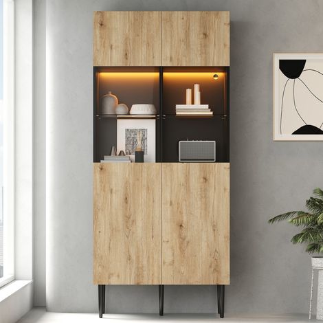 Buffet enfilade armoire haute moderne 80x35x180cm 10 casiers portes vitrées LED structure bois naturel caisson noir salon rangement (1/5)