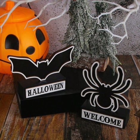 Plaque Bois Halloween - Araignée Chauve-Souris - Décoration Fête Thème Fantôme - 1 Pièce (1/5)