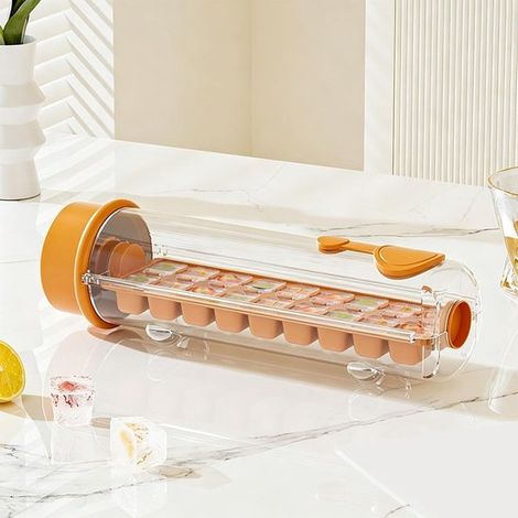 Bac à glaçons rotatif avec compartiment de rangement - la cuisine et le bar. Orange - 18 compartiments carrés - réutilisable - facile à faire pivoter (1/5)