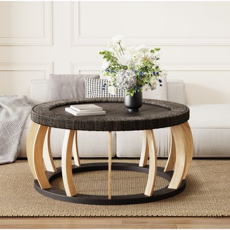 Tavolino da caffè rotondo 90x90x43 cm nero marrone in legno massello e MDF con dettagli in rattan (1/5)