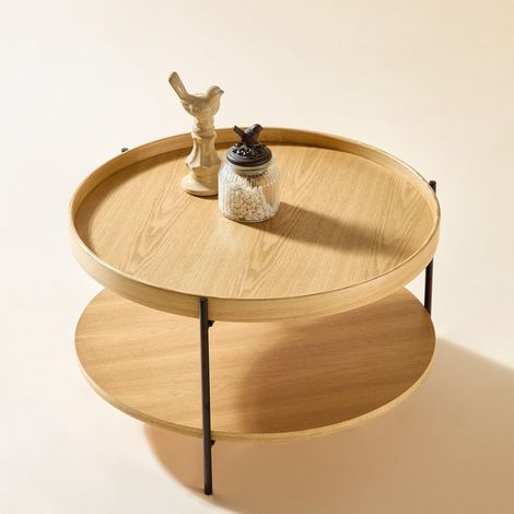 Couchtisch mit 2-stöckigem Tablett-Design, rund, aus Massivholz & Metall, in 3 Farben: Esche Natur / Walnuss / Schwarz, mit passendem Beistelltisch kombinierbar, einfache Montage, 69x69x38 cm (1/5)