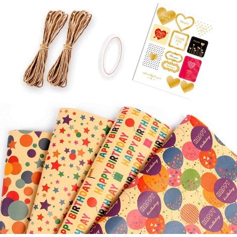 Wrapping Paper - 4 Sheets Kraft Gift Wrap - 50 cm x 70 cm - Eco Friendly Recycled Paper - Birthday Wedding Party Decoration Kit with Rope Glue Sticker (1/5)