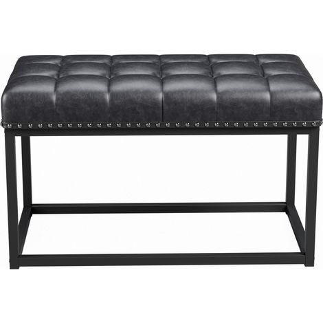 Banco tapizado vintage de 90 cm en polipiel negra con capitoné y estructura metálica industrial (1/5)