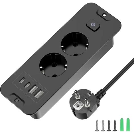 Multiprise de bureau intégrée aux normes européennes avec 2 prises secteur AC, 2 ports USB, 2 ports de charge Type-C, câble de 2 m, Noir (1/5)