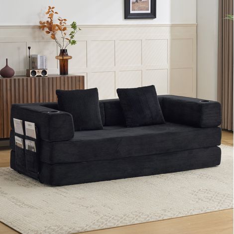 Divano letto da pavimento 2 posti in tessuto a coste, nero, 185 x 92,5 x 60 cm DESVIAE (1/5)