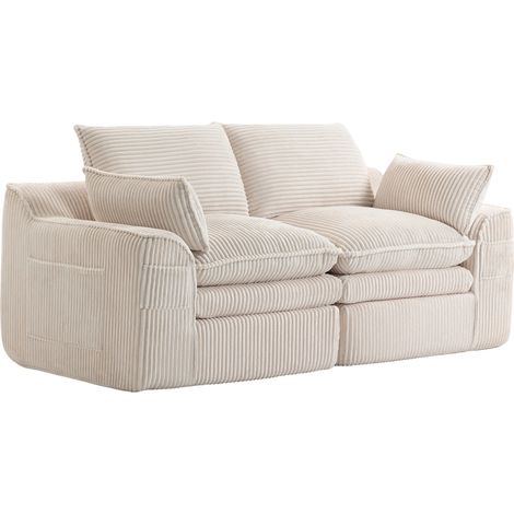 Divano modulare 2 posti in corduroy beige con cuscini e tasche laterali (1/5)