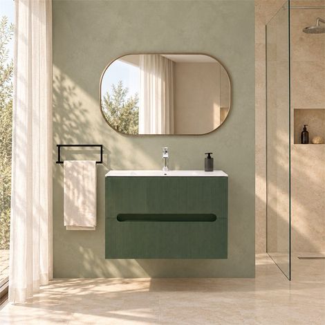 Kiamami Valentina – Meuble de salle de bain suspendu 100cm – Façade rainurée vert sauge – Structure en bois mélaminé chêne givré – Vasque céramique blanche