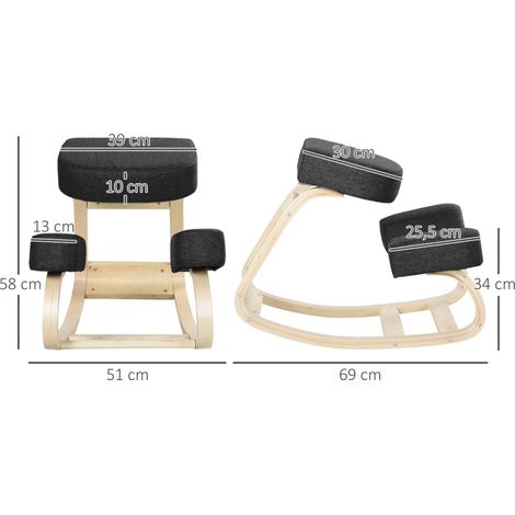 Chaise à genoux ergonomique, tabouret rembourré noir, posture saine, bois de bouleau, charge max 120 kg, assise inclinée, mobilier de bureau (1/5)