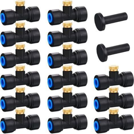Messing-Nebeldüsen, 15 Stück, Slip-Lock-Nebeldüsen, 1/4 Zoll Nebeldüsen-T-Stücke mit 2 Kappen für Außenkühlsystem, Nebelsystem