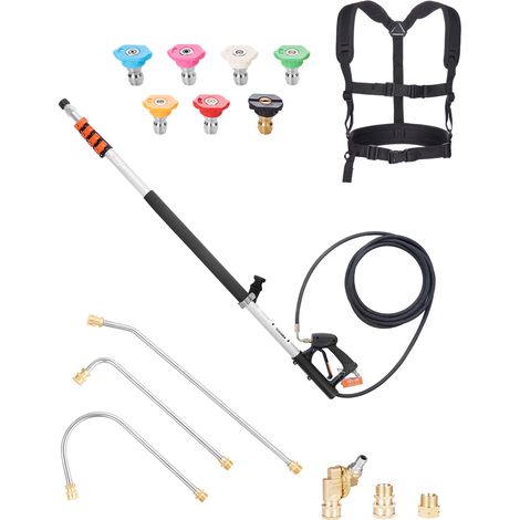 VEVOR Lance Telescopique pour Nettoyeur Haute Pression 6358 mm, Baguette de Pulverisation Telescopique 4000 psi avec Rallonges, Coupleur Pivotant, 7 Buses, Harnais de Support Reglable, pour Gouttiere
