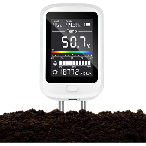 Testeur de Sol Numérique 6 en 1, Testeur Humidité Plante, Humidimètre De Sol avec Fertilité du Sol/Humidité/pH/Température/Lumière Solaire/Humidité Ambiante, avec écran LCD pour jardin, ferme, pelouse (1/5)