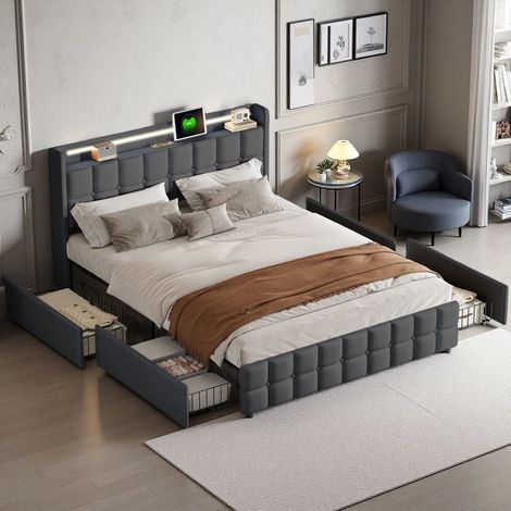 Cama doble - 160x200 capitoné Lino gris - LED RGB y 2 USB/2 enchufes - 4 cajones de almacenamiento