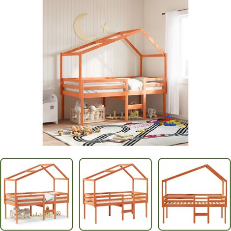 vidaXL Kinderbett mit Dach - Hochbett mit Dach Wachsbraun 90x190 cm Massivholz Kiefer (1/5)