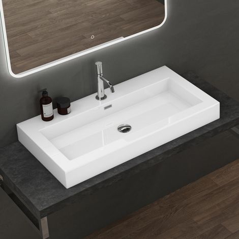 doporro Lavabo da Appoggio Rettangolare, Lavabo Bagno Sospeso con Foro Rubinetto e Troppopieno in Marmo Resina Bianco Lucido, Lavandino Bagno 90x48x10cm Colossum18