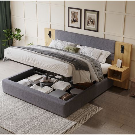Lit capitonné 180x200 cm en velours gris et naturel, avec tête de lit, sommier à lattes, coffre hydraulique, USB et 2 chevets (1/5)