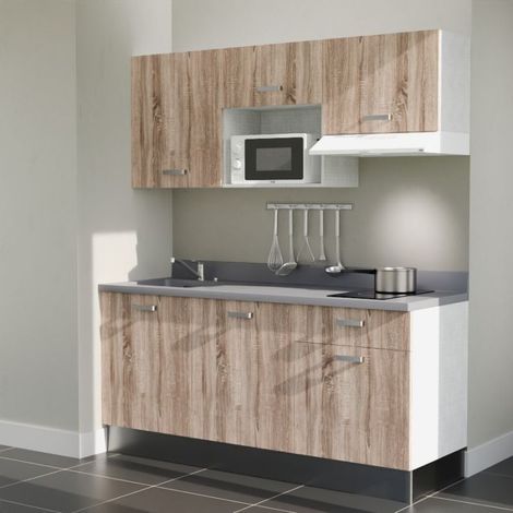 Kitchenette K30L - 180 cm - plan monobloc évier intégré Cromo- évier à gauche - Façades Bois + Electroménager inclus coloris Blanc (1/5)