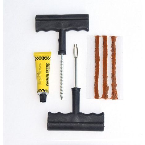 Kit de réparation de pneu sans chambre à air - 3 mèches de 100 mm + colle 10 ml + cutter et perforateur avec poignée en T - Kit de crevaison pour moto, voiture, quad, vélo