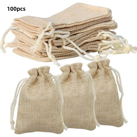 Confezione da 100 sacchetti di iuta beige con coulisse (20 x 30 cm), ideali come sacchetti regalo per gioielli/cosmetici/spezie/oggetti artigianali. (1/5)