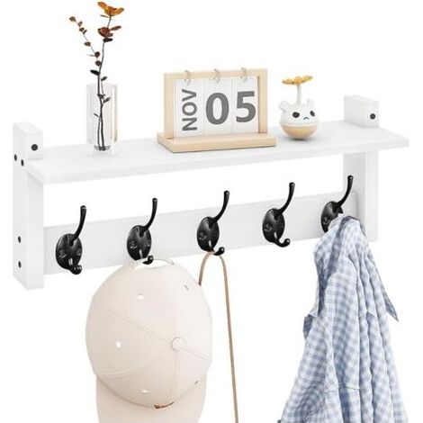 Étagère murale avec crochets, porte-manteau mural avec patères, porte-manteau suspendu pour entrée, étagère en bois et fer pour salle de bain, couloir, chambre, blanc (1/5)
