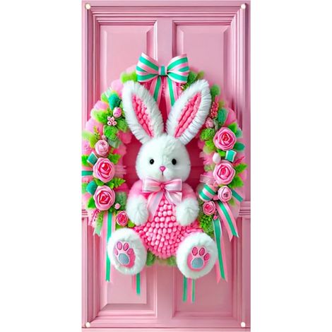 Guirlande Porte Lapin Peluche - Fleurs Artificielles et Nœuds Décoratifs - Décoration Murale Intérieure Extérieure - 1 Pièce (1/5)