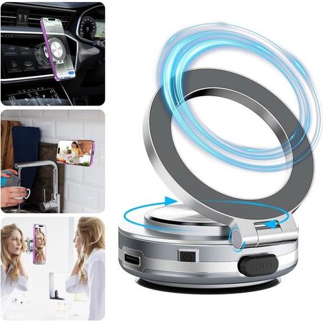 Support de voiture avec ventouse électrique et aimant à vide, rotation à 360°, compatible MagSafe, support de téléphone portable à ventouse puissante pour iPhone et Android
