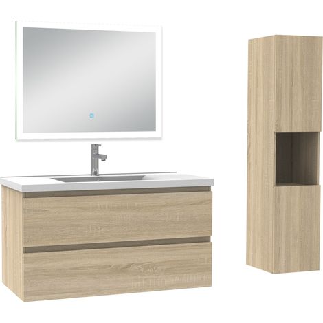 Ocean Ensemble meuble Salle de Bain 100cm avec vasque et colonne et miroir lumineux dimmable chêne wotan