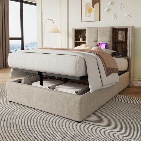 Cama tapizada con almacenaje carga inalámbrica natural OKMYHOME (1/5)