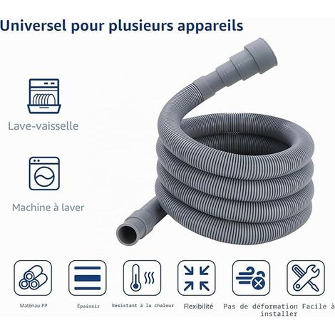 Tuyau Vidange Machine a Laver 3m, Rallonge Tuyau de Vidange Lave Vaisselle, Rallonge Tuyau Vidange Lave Linge, Tuyau D'évacuation Lave Vaisselle avec Adaptateur, Colliers de Serrage (1/4)